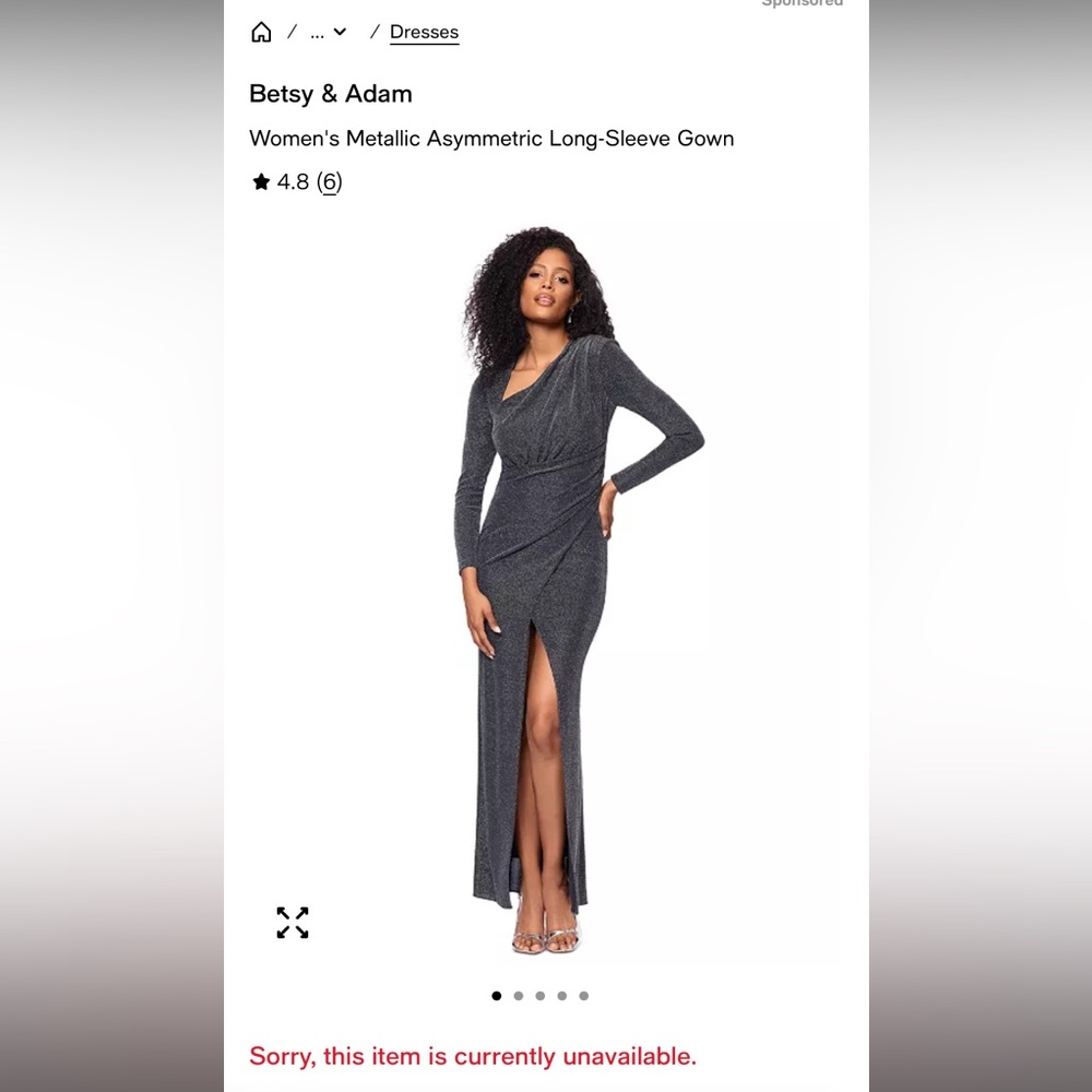 Betsy & Adam Women's Metallic Asymmetric Long-Sleeve Gown Size 6